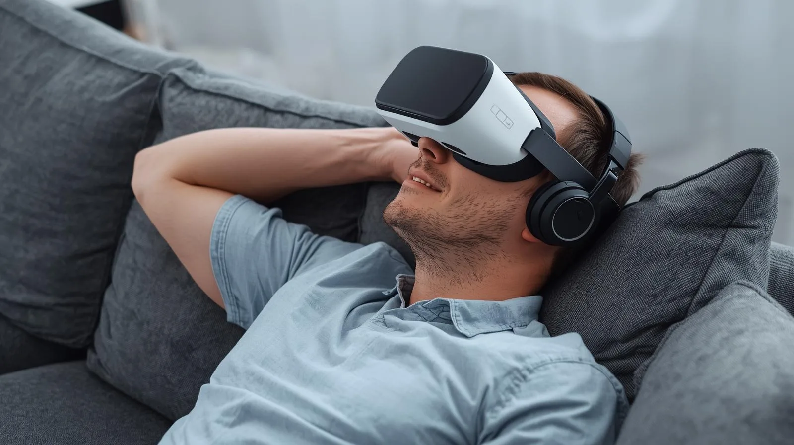 A person reclining on a sofa wearing the Brain Aligned headset with over-ear headphones, relaxed with their eyes covered.